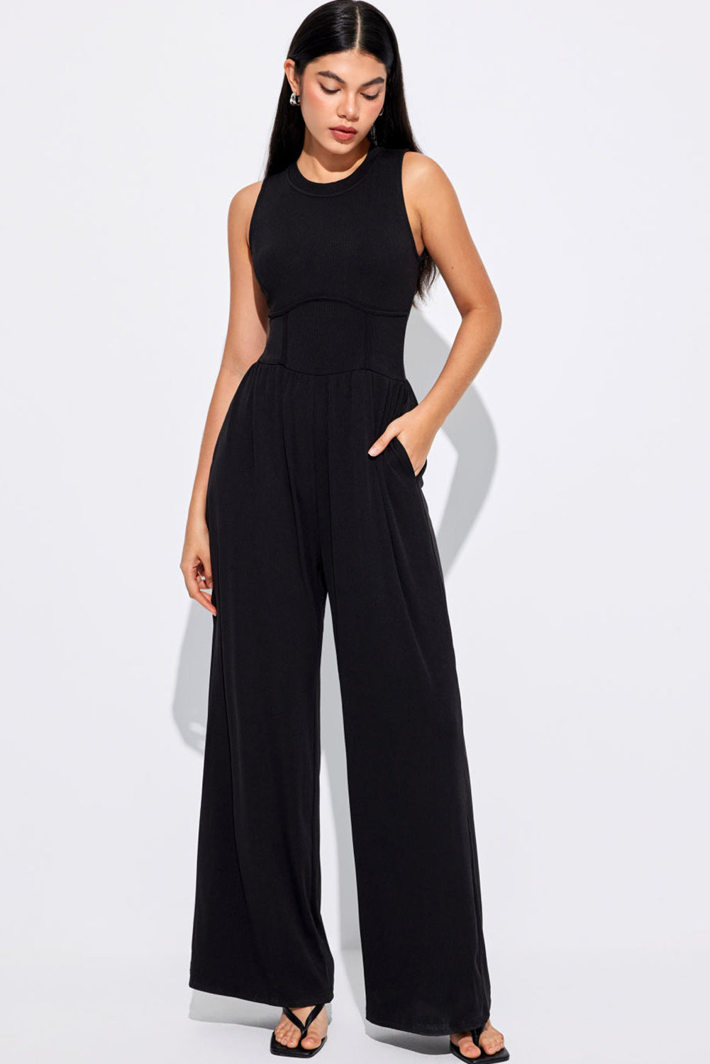 Blackish Green Cinched Waist Sleeveless Wide Leg Jumpsuit