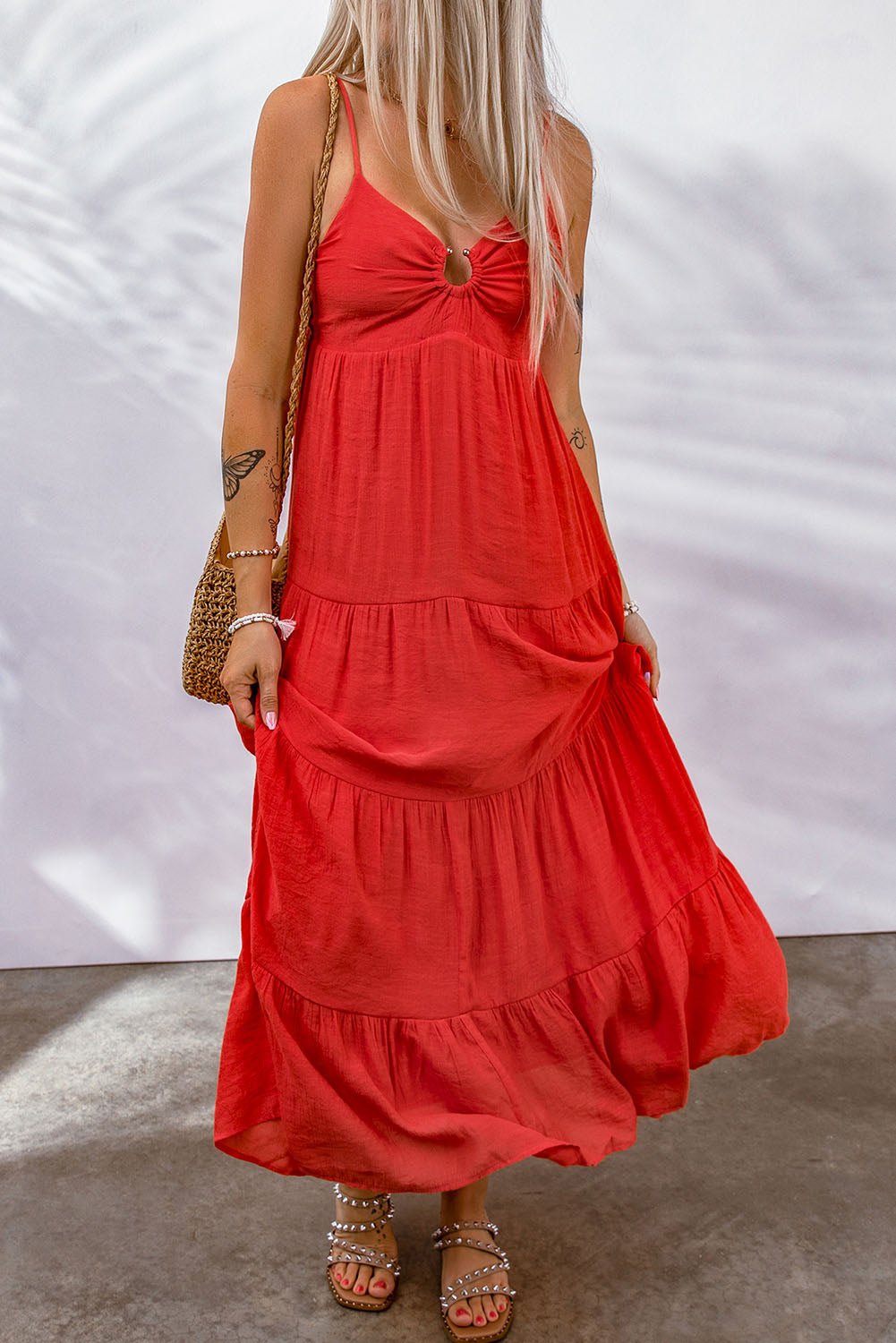 Red O-ring Smocked Back Spaghetti Straps Tiered Maxi Dress