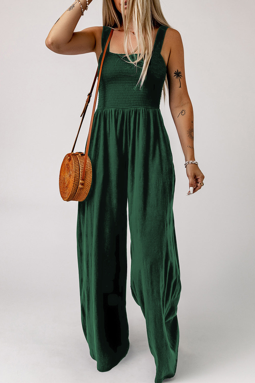 Black Smocked Sleeveless Wide Leg Jumpsuit with Pockets