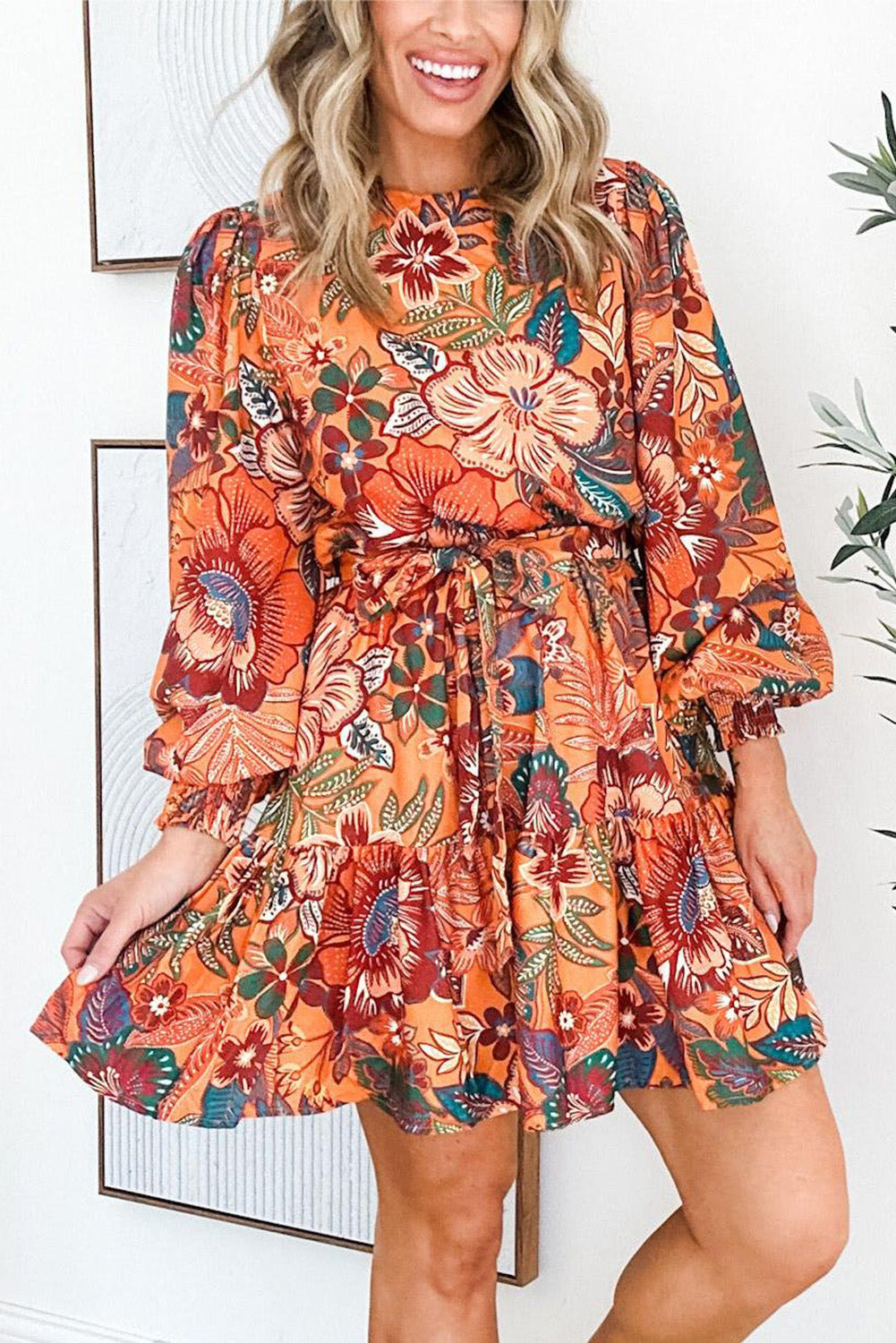 Orange Bubble Sleeve Belted Floral Dress