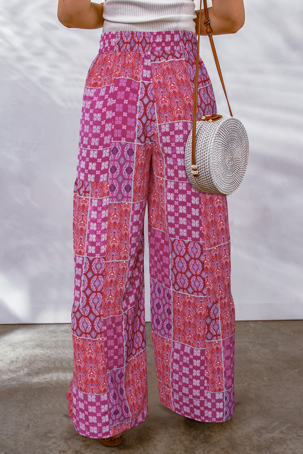 Multicolor Boho Patchwork Print Drawstring Wide Leg Pants