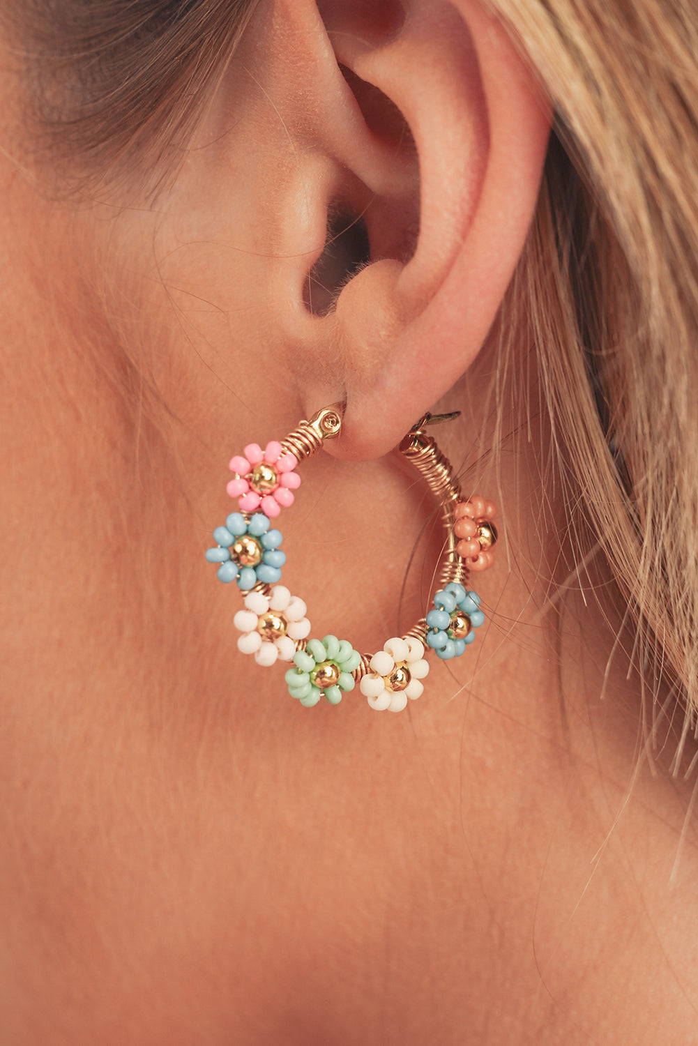 Pink Colorful Flower Hoop Earrings