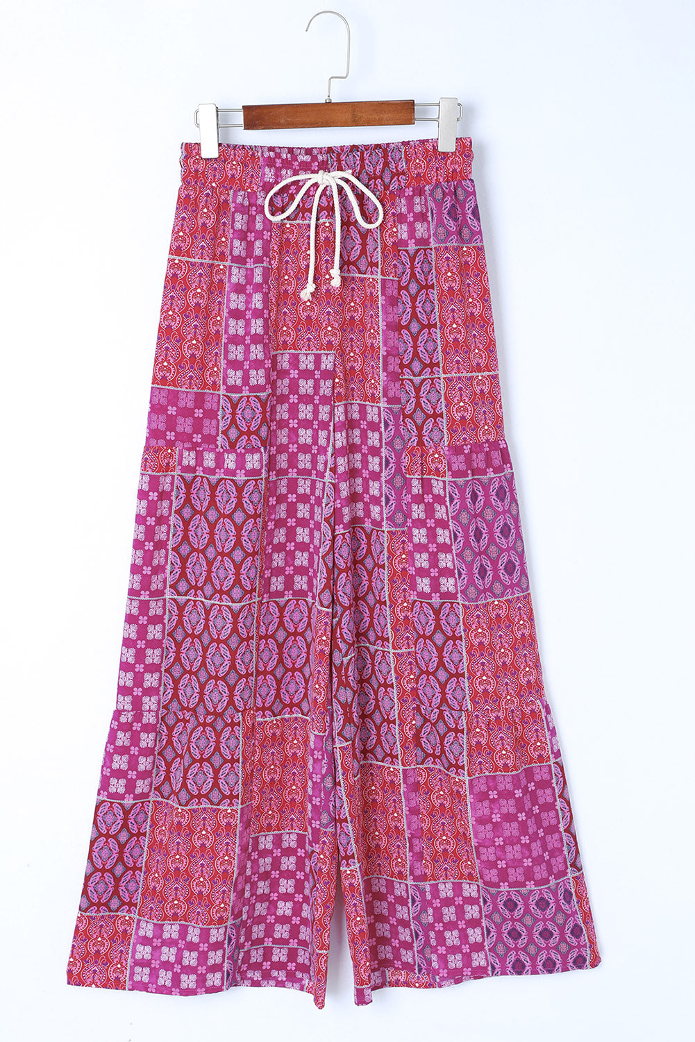 Multicolor Boho Patchwork Print Drawstring Wide Leg Pants