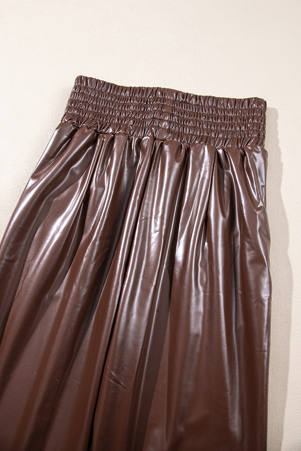 Brown Smocked High-Waist Leather Skinny Pants
