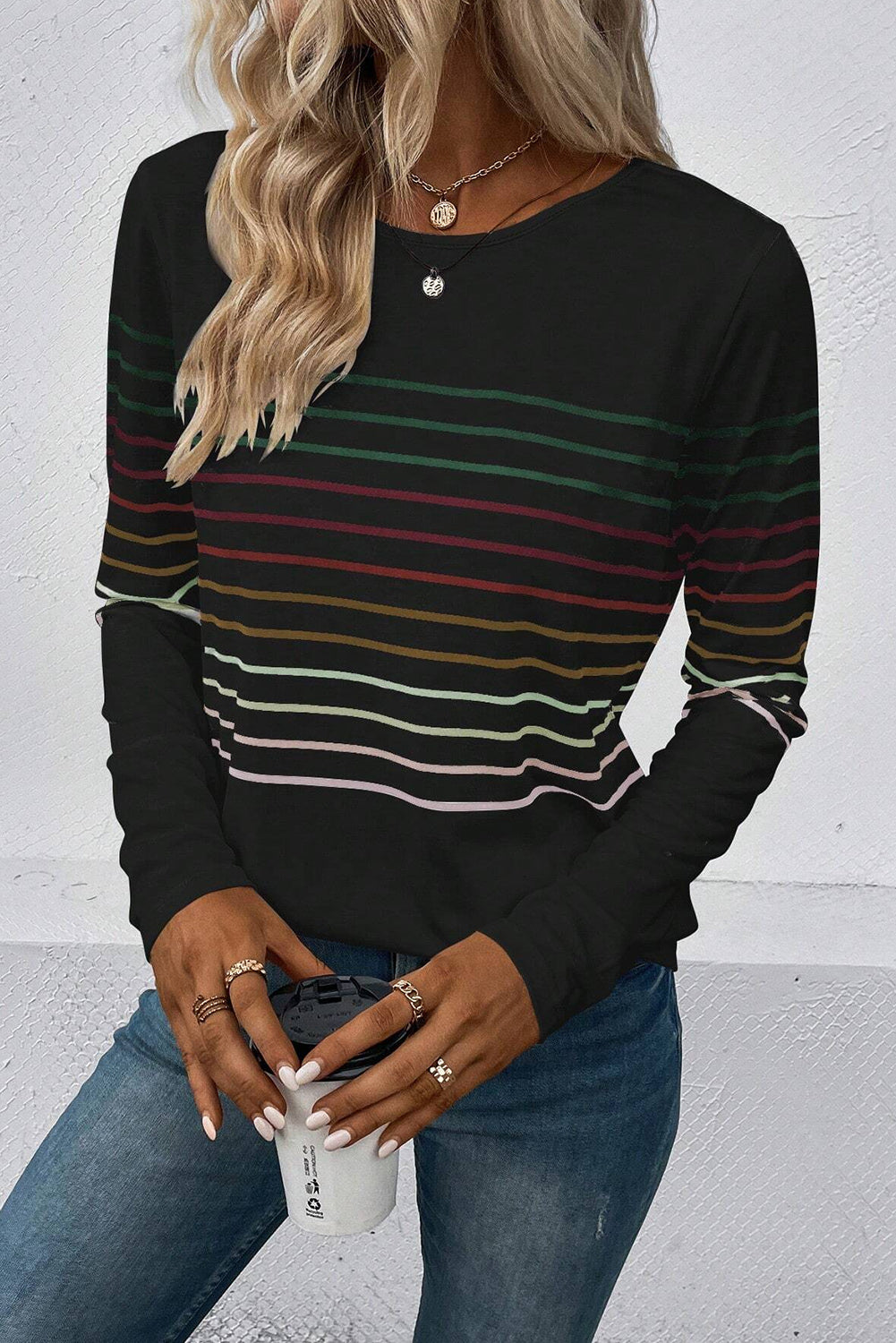 Multicolor Striped Crew Neck Long Sleeve Top