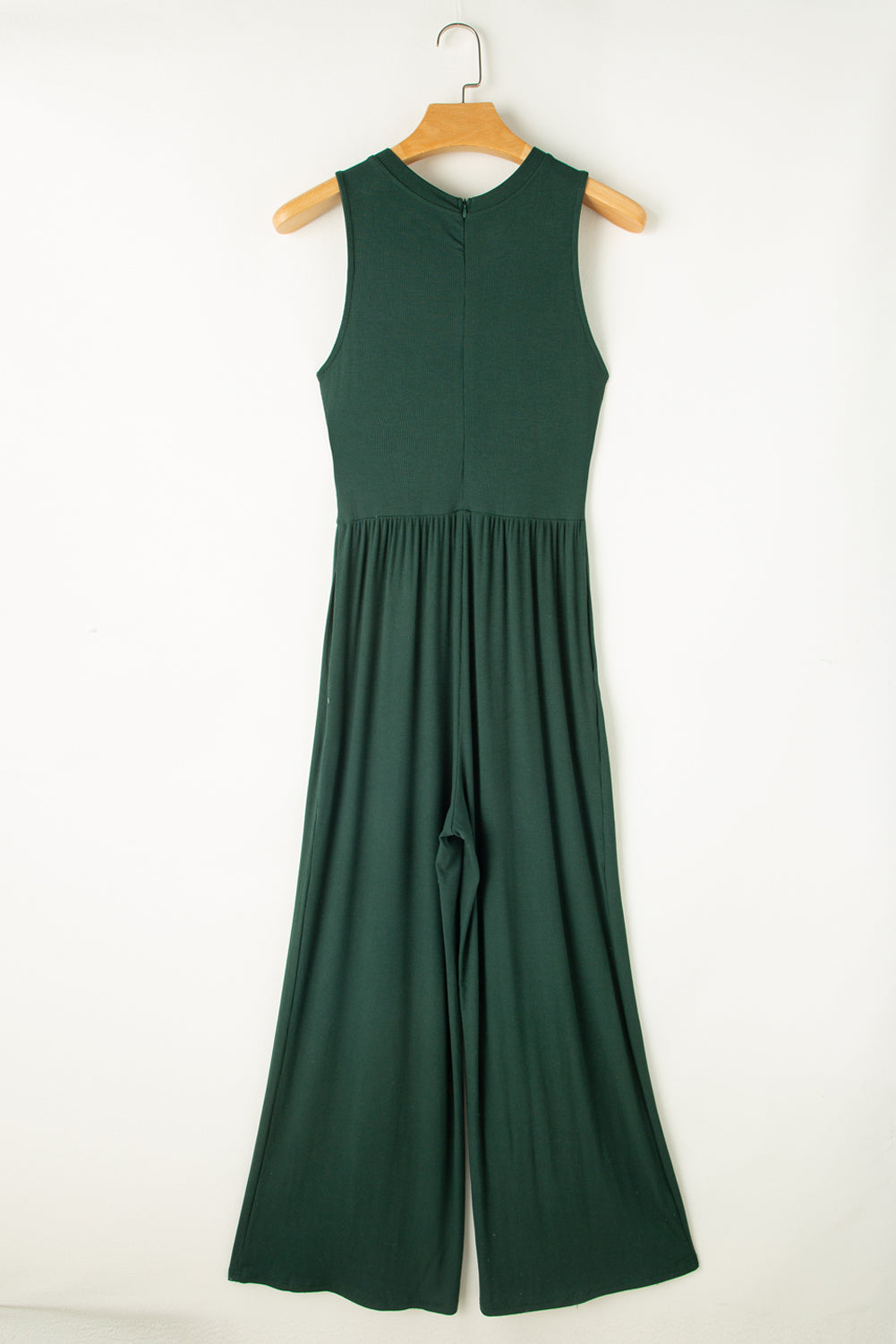 Blackish Green Cinched Waist Sleeveless Wide Leg Jumpsuit