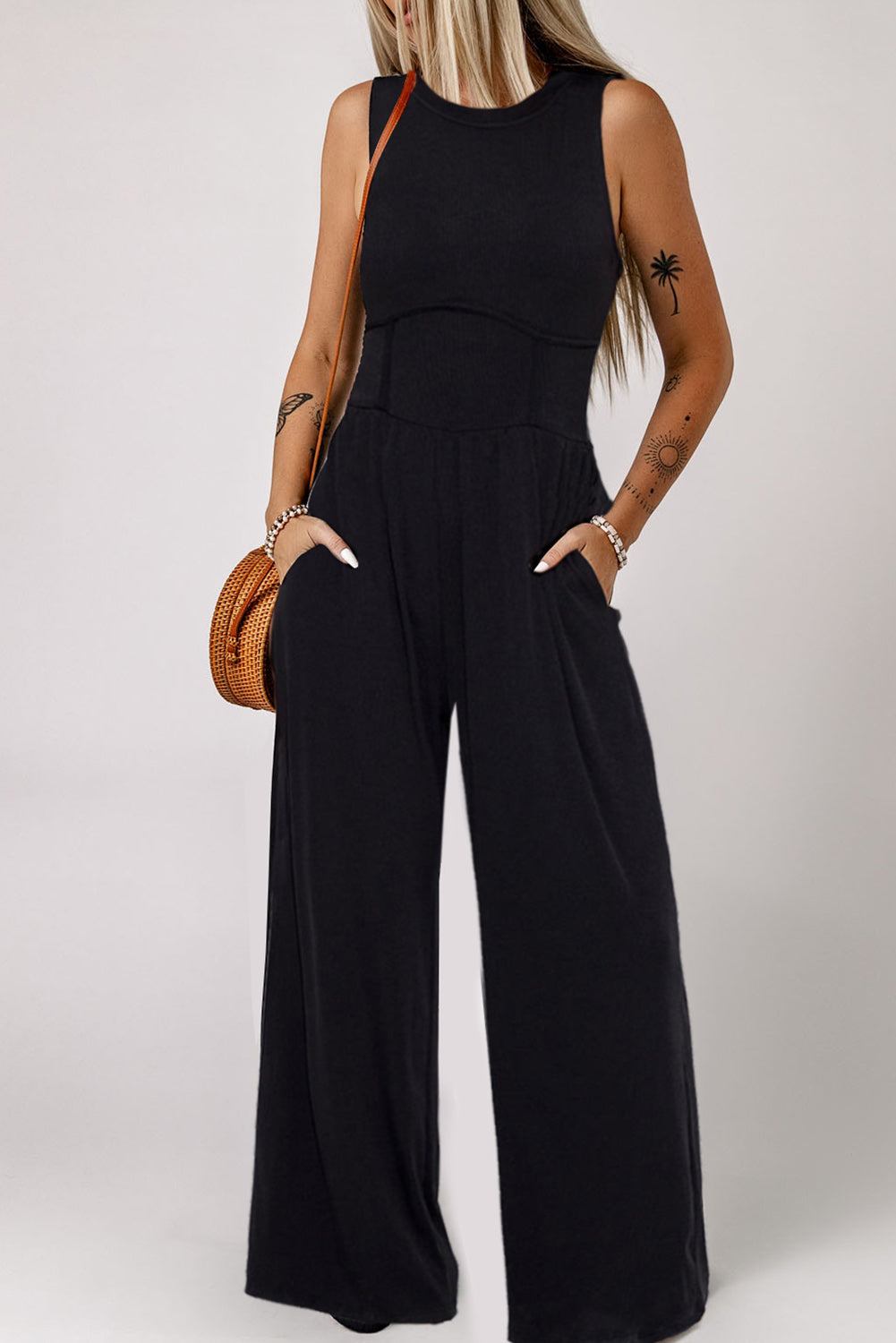 Blackish Green Cinched Waist Sleeveless Wide Leg Jumpsuit