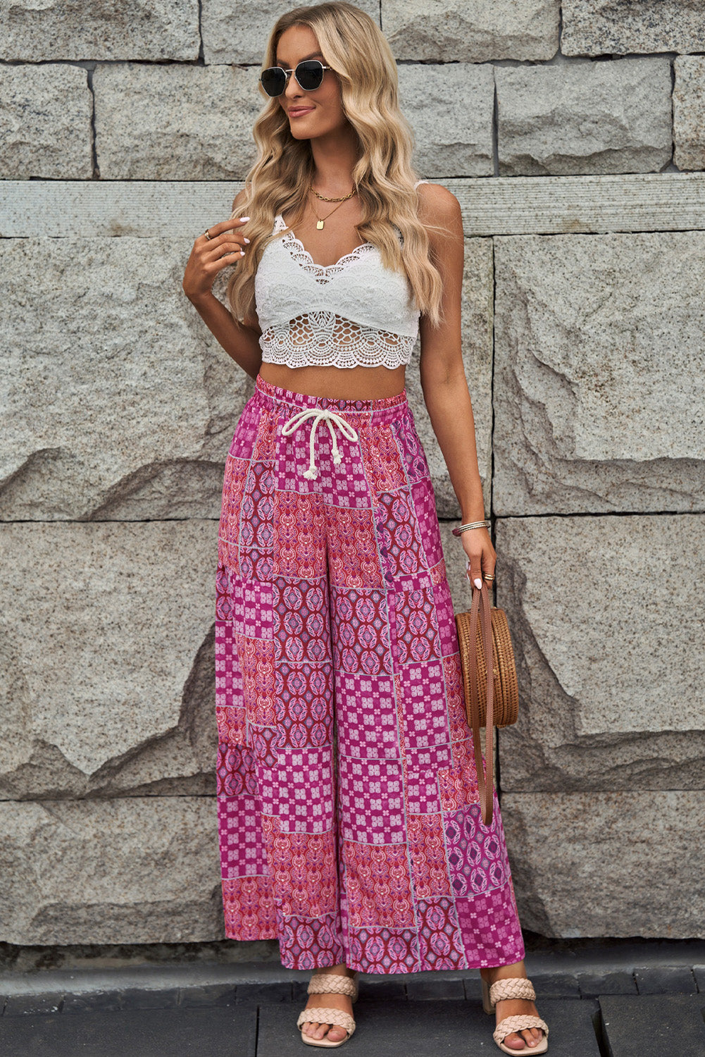 Multicolor Boho Patchwork Print Drawstring Wide Leg Pants