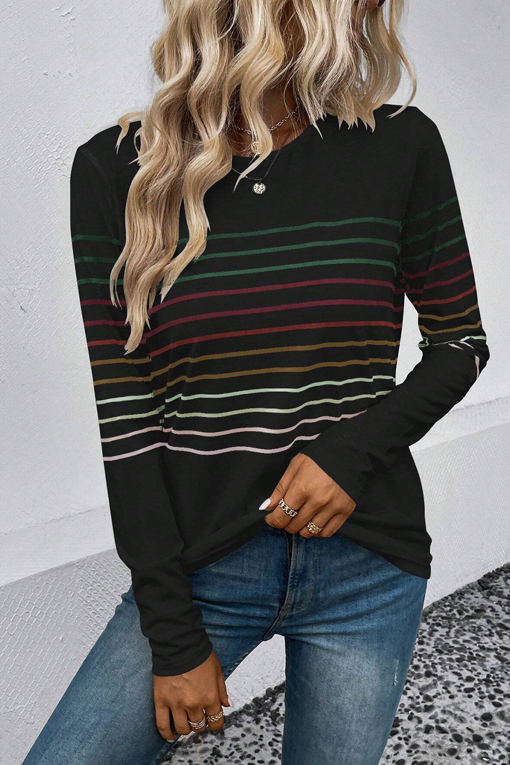 Multicolor Striped Crew Neck Long Sleeve Top