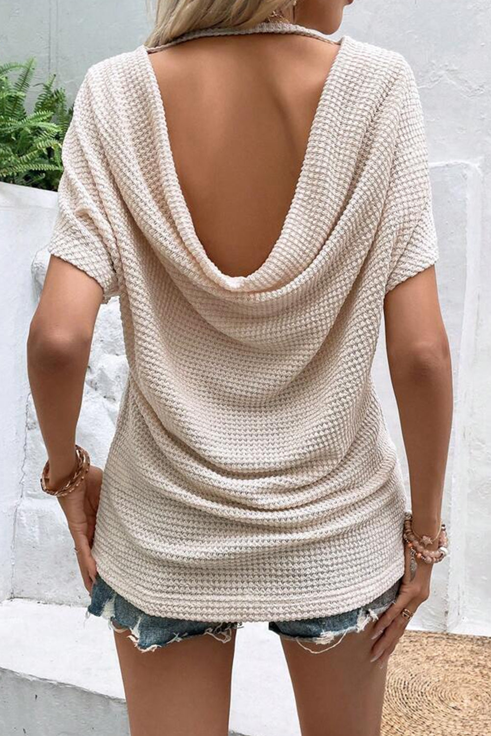 Apricot Draped Open Back Textured Tee